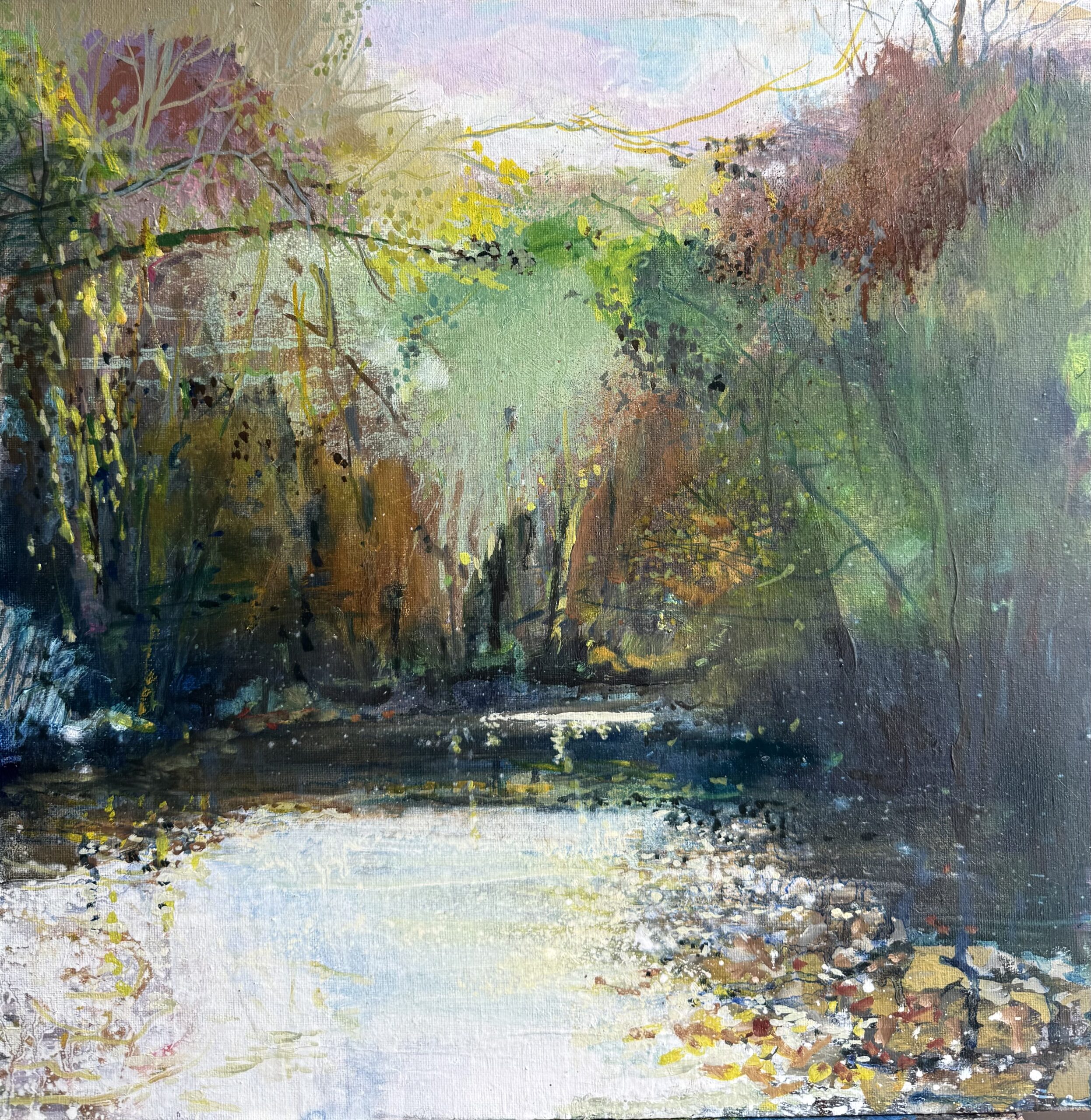 ‘still river, heading back’ 2026 oil on canvas board 40x40cm